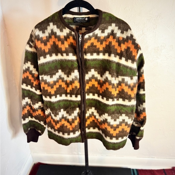 Vintage 1960s Kurt Cobain Grunge Style Aztec Zip Up Alpaca Cardigan Sweater Sz M - Picture 1 of 3